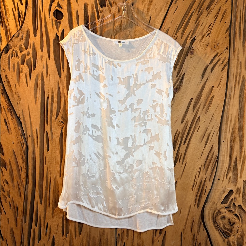My Tribe Silk Blend Mixed Media Shell – Sheer Front Sleeveless Blouse White L